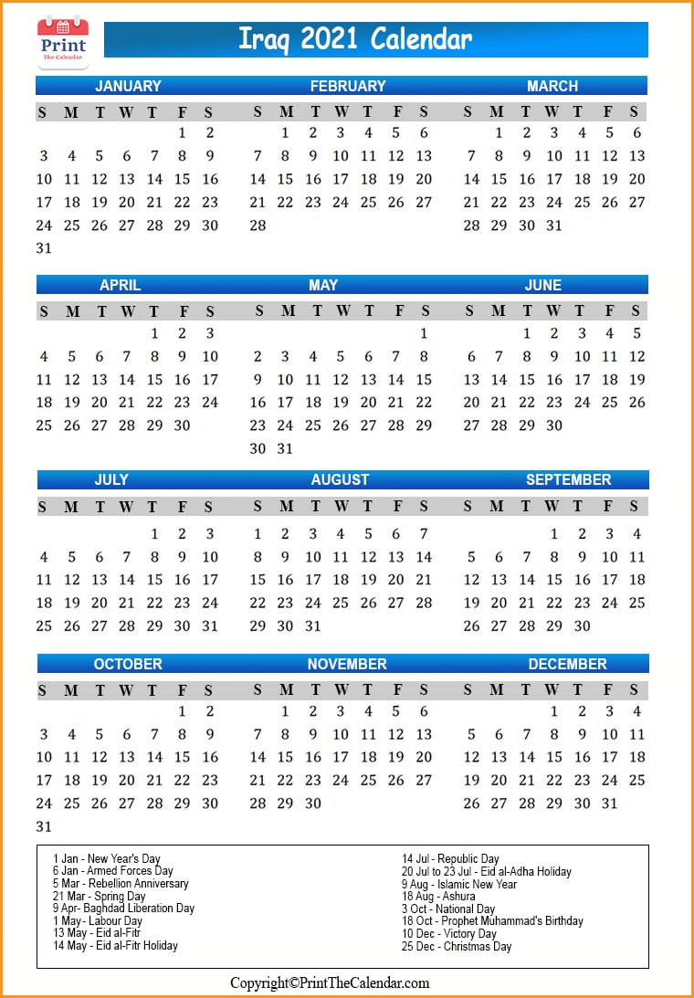 Iraq Calendar 2021